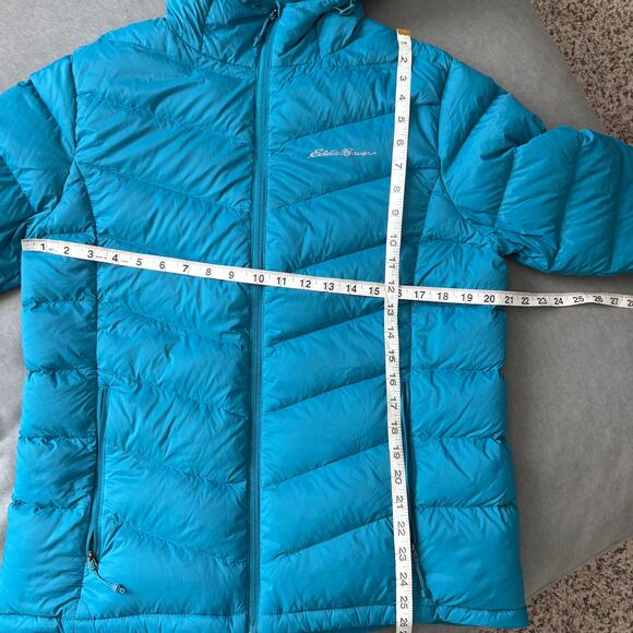 Eddie Bauer Teal Down Hooded Puffer Jacket Women’s Large 80/20 Packable Gorpcore - Picture 10 of 13